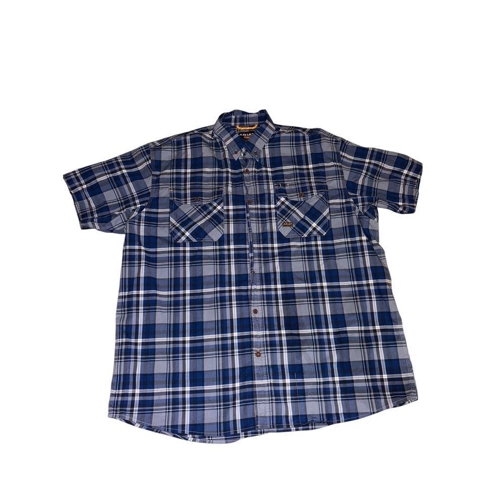 Ariat Rebar Mens XXL Blue Plaid Short Sleeve Button Down Work Shirt